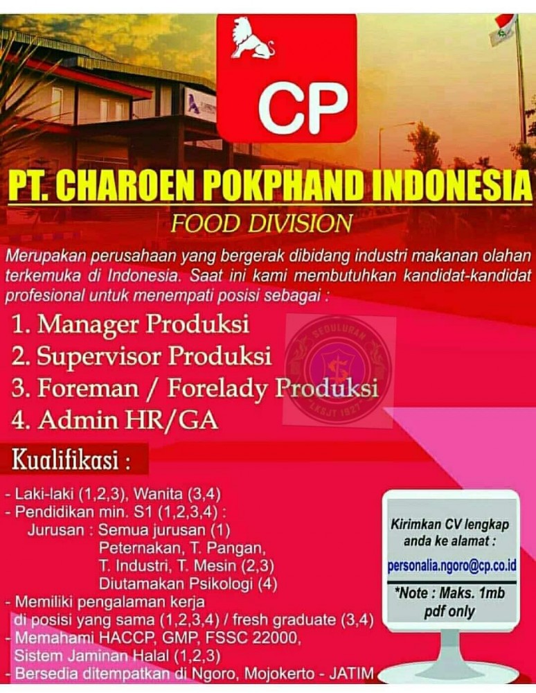 Agenda Lowongan PT. CHAROEN POKPHAND INDONESIA Tbk - Job Placement